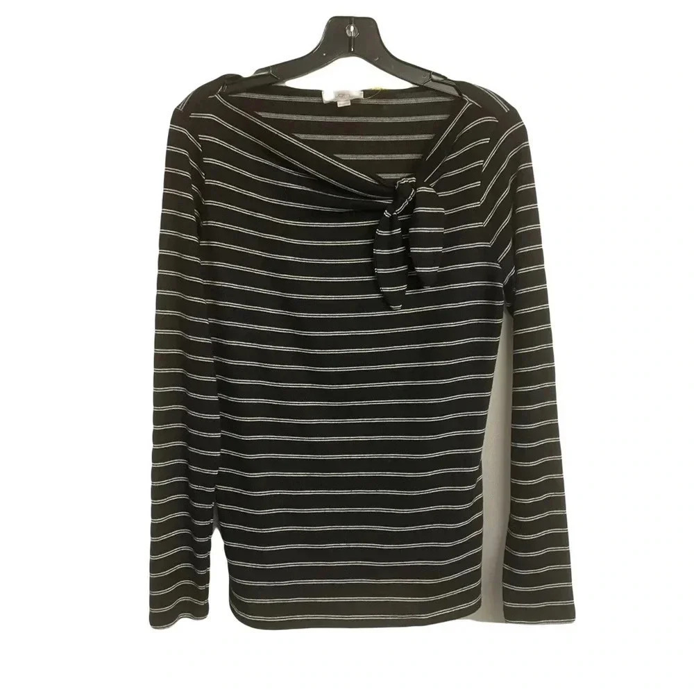 Loft women’s black /white stripe top with loose tie at neck size Medium